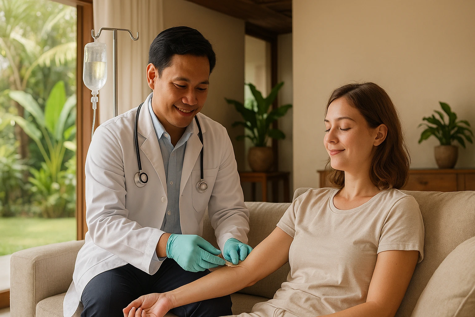 Doctor providing IV drip in Bali villa